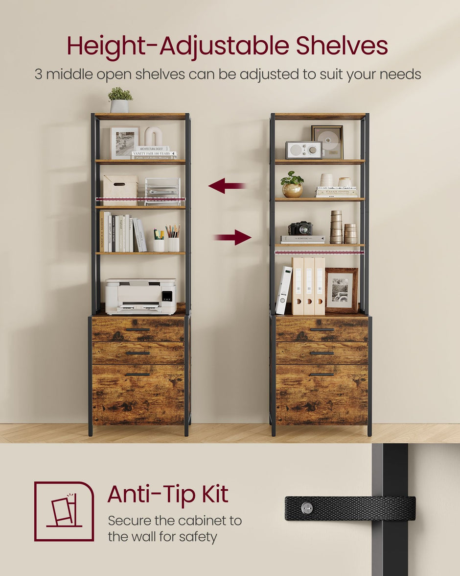 3-Drawer Filing Cabinet – Steel – Rustic Brown – Height-Adjustable Open Shelves