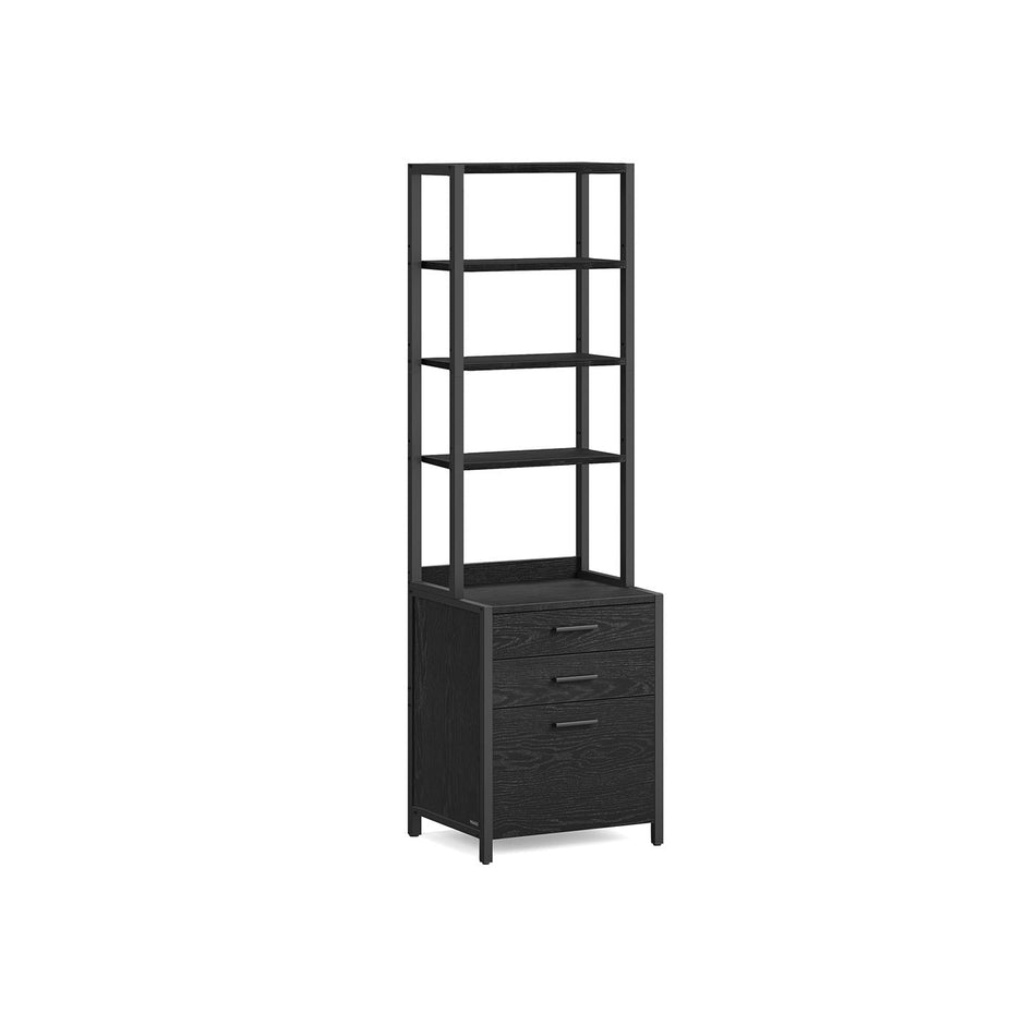 Filing Cabinet – Steel – Ebony Black – Height-Adjustable Open Shelves with 3 Drawers