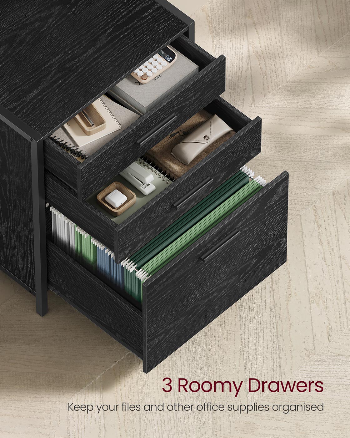 Filing Cabinet – Steel – Ebony Black – Height-Adjustable Open Shelves with 3 Drawers
