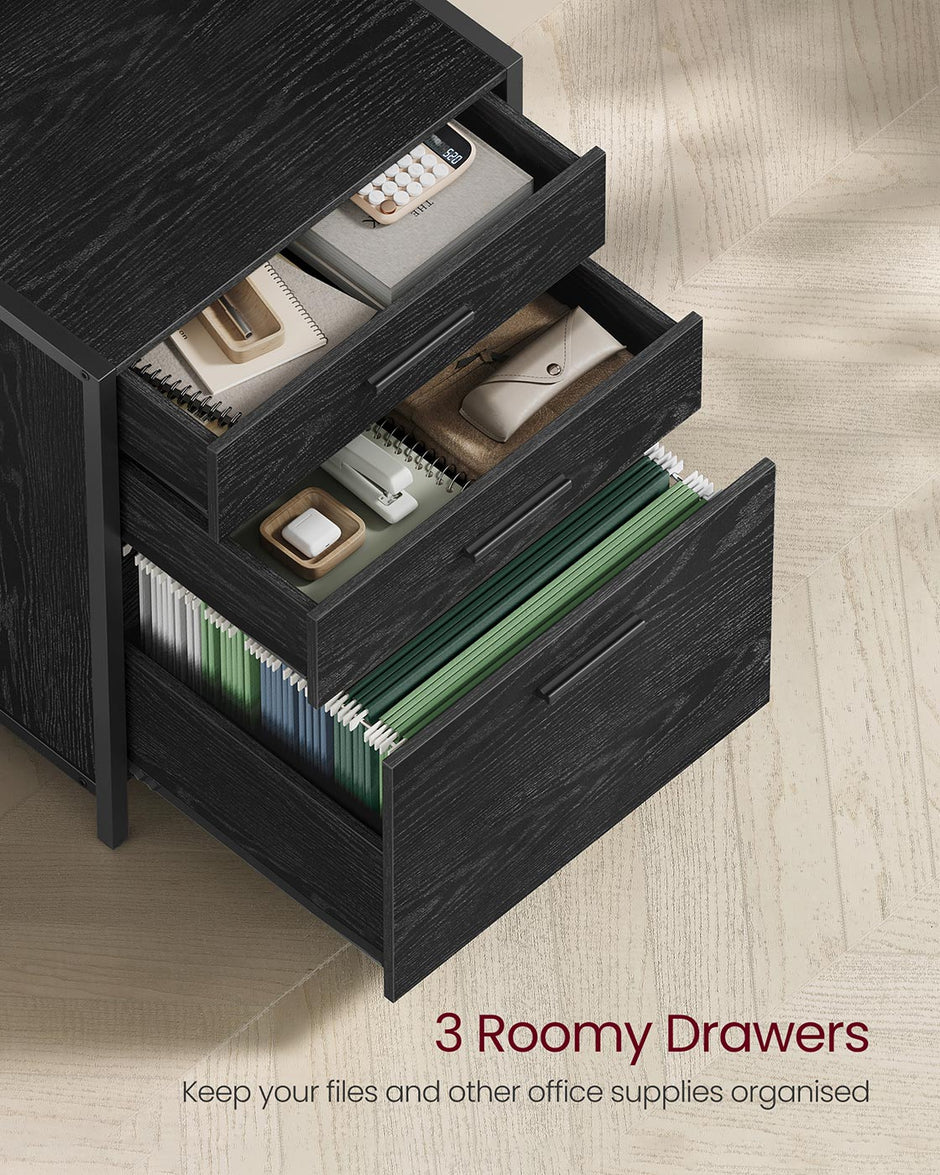 Filing Cabinet – Steel – Ebony Black – Height-Adjustable Open Shelves with 3 Drawers