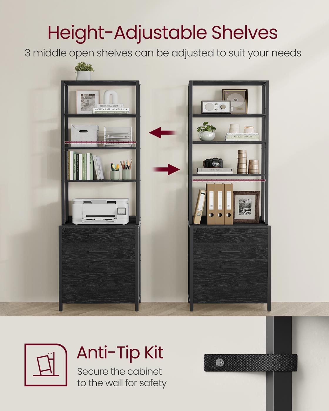 Filing Cabinet – Steel – Ebony Black – Height-Adjustable Open Shelves with 3 Drawers