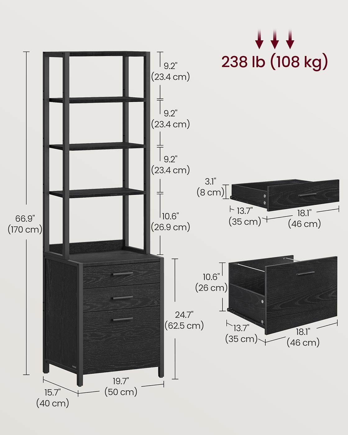 Filing Cabinet – Steel – Ebony Black – Height-Adjustable Open Shelves with 3 Drawers