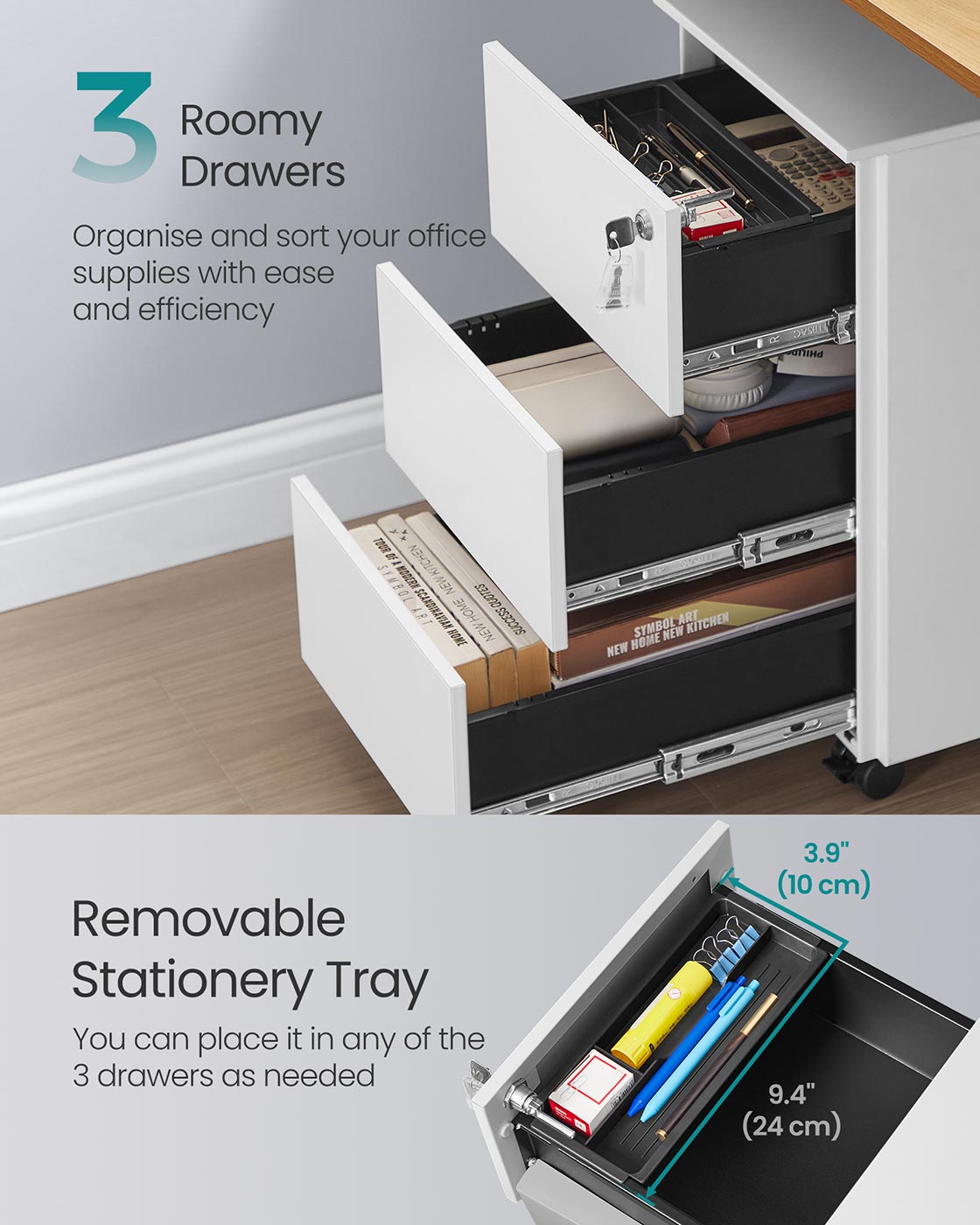 Mobile File Cabinet – Wood – Matte White – Pre-Assembled, 3 Lockable Drawers