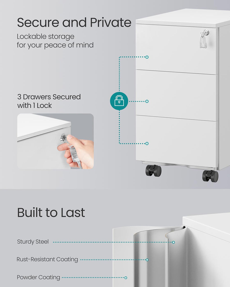 Mobile File Cabinet – Wood – Matte White – Pre-Assembled, 3 Lockable Drawers