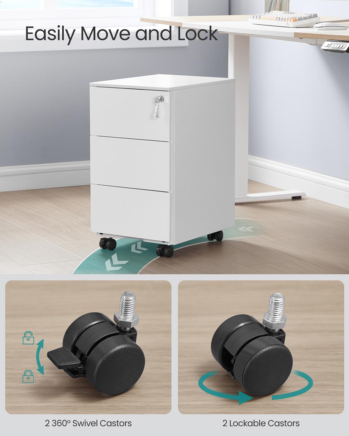 Mobile File Cabinet – Wood – Matte White – Pre-Assembled, 3 Lockable Drawers