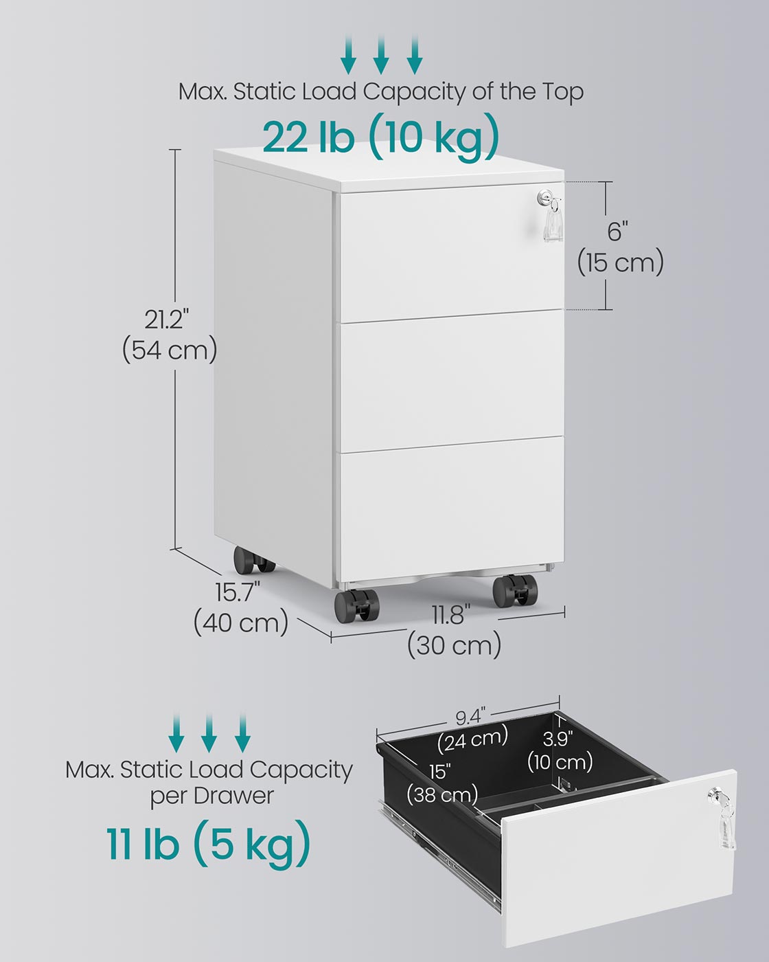 Mobile File Cabinet – Wood – Matte White – Pre-Assembled, 3 Lockable Drawers