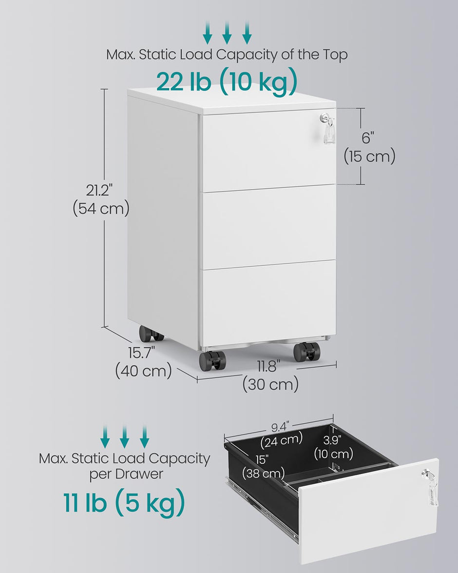 Mobile File Cabinet – Wood – Matte White – Pre-Assembled, 3 Lockable Drawers