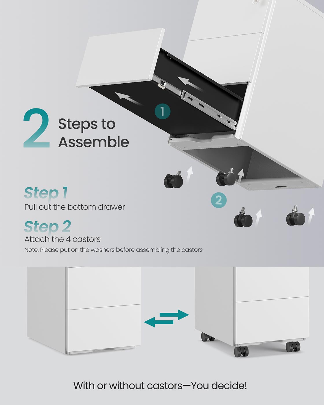 Mobile File Cabinet – Wood – Matte White – Pre-Assembled, 3 Lockable Drawers