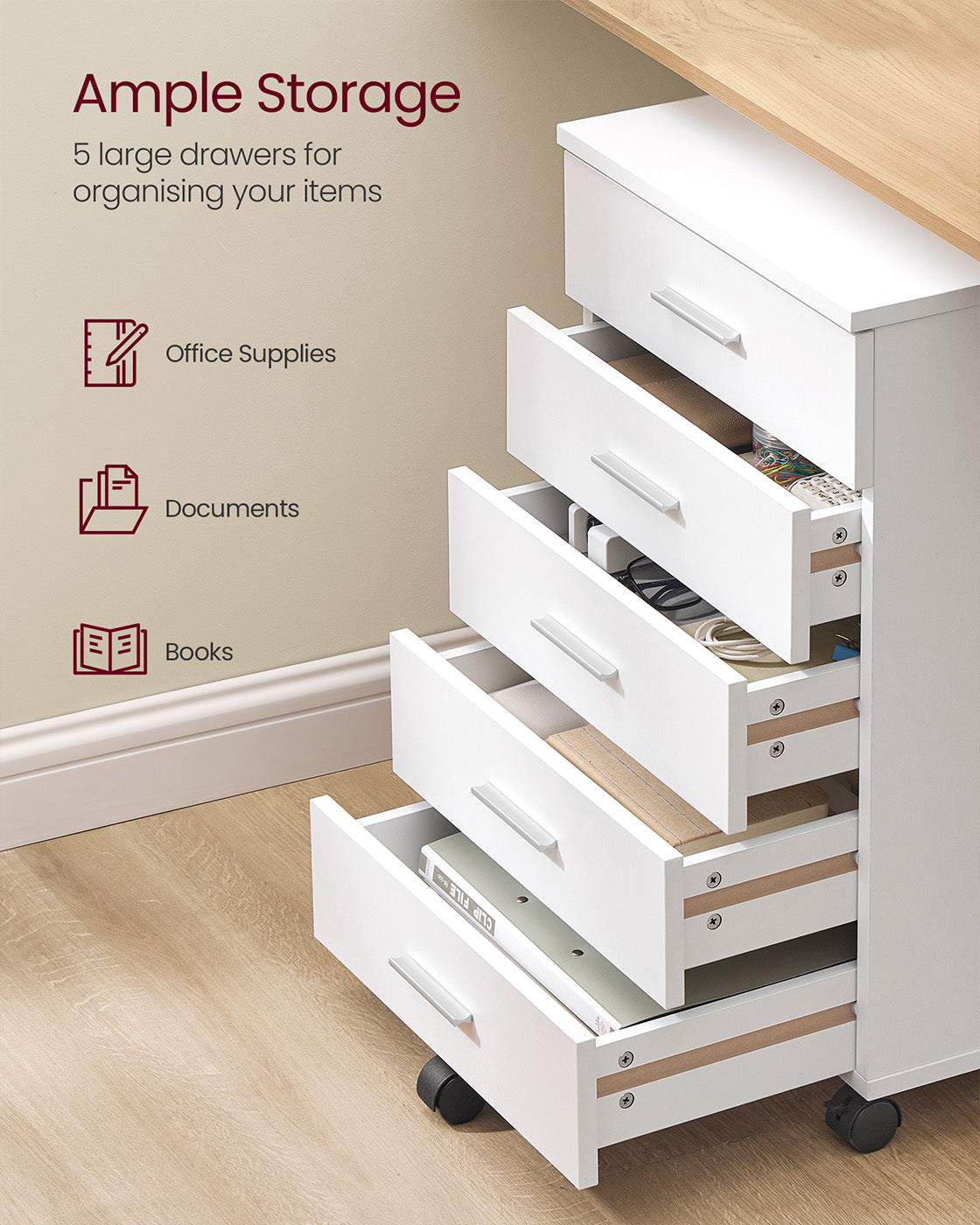 Rolling Filing Cabinet – MDF – Cloud White – 5 Drawers with Wheels