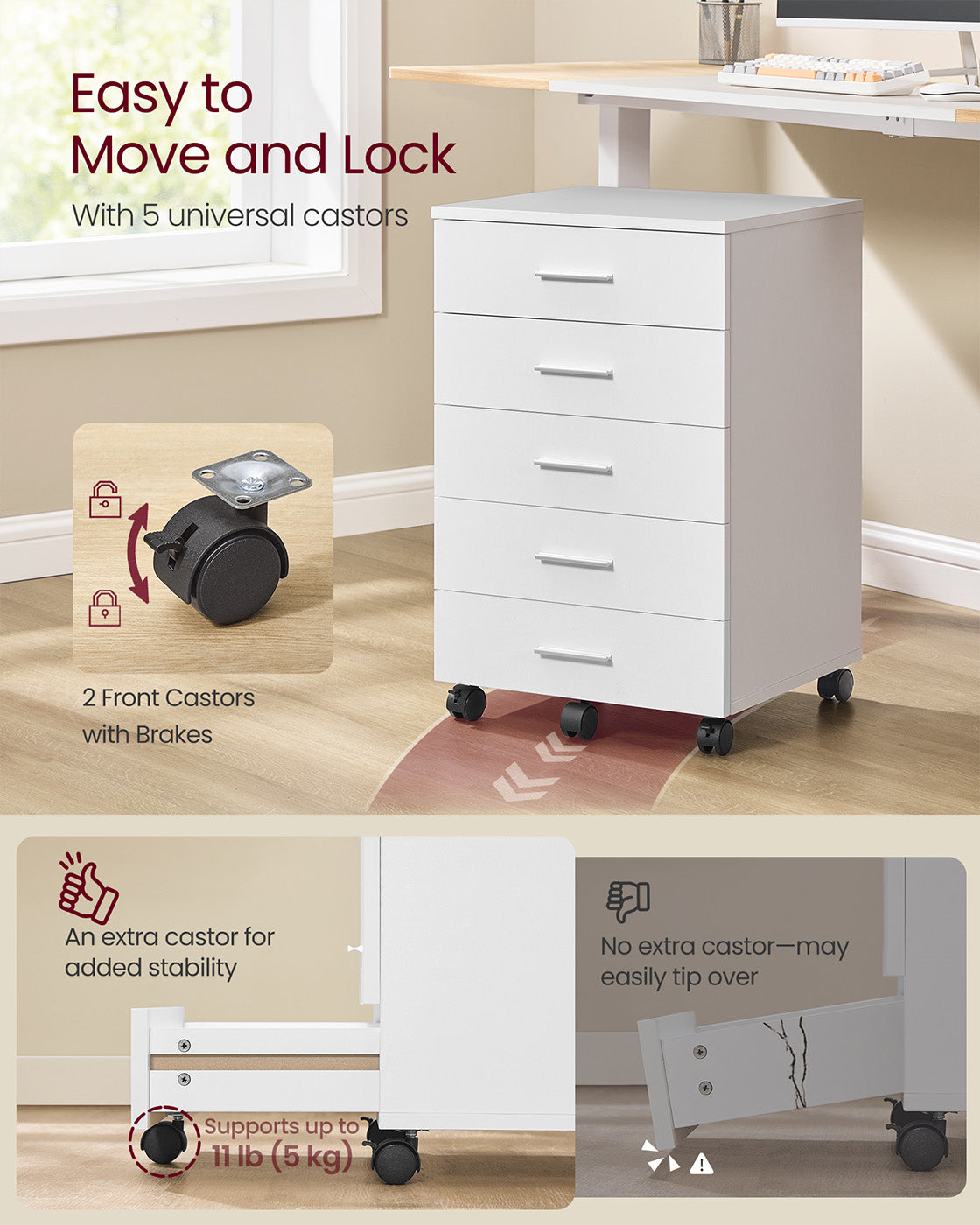 Rolling Filing Cabinet – MDF – Cloud White – 5 Drawers with Wheels