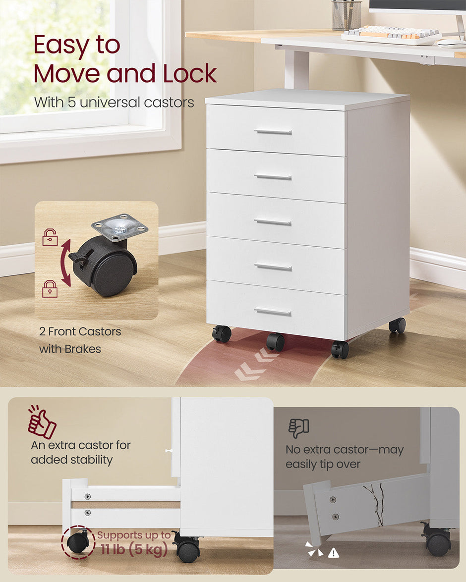 Rolling Filing Cabinet – MDF – Cloud White – 5 Drawers with Wheels