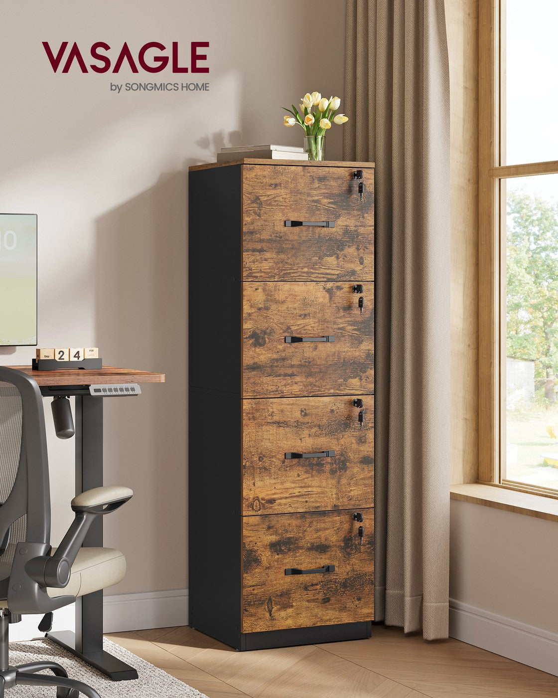 Filing Cabinet – Engineered Wood – Cloud White – 4 Lockable Drawers with Adjustable Hanging Rail