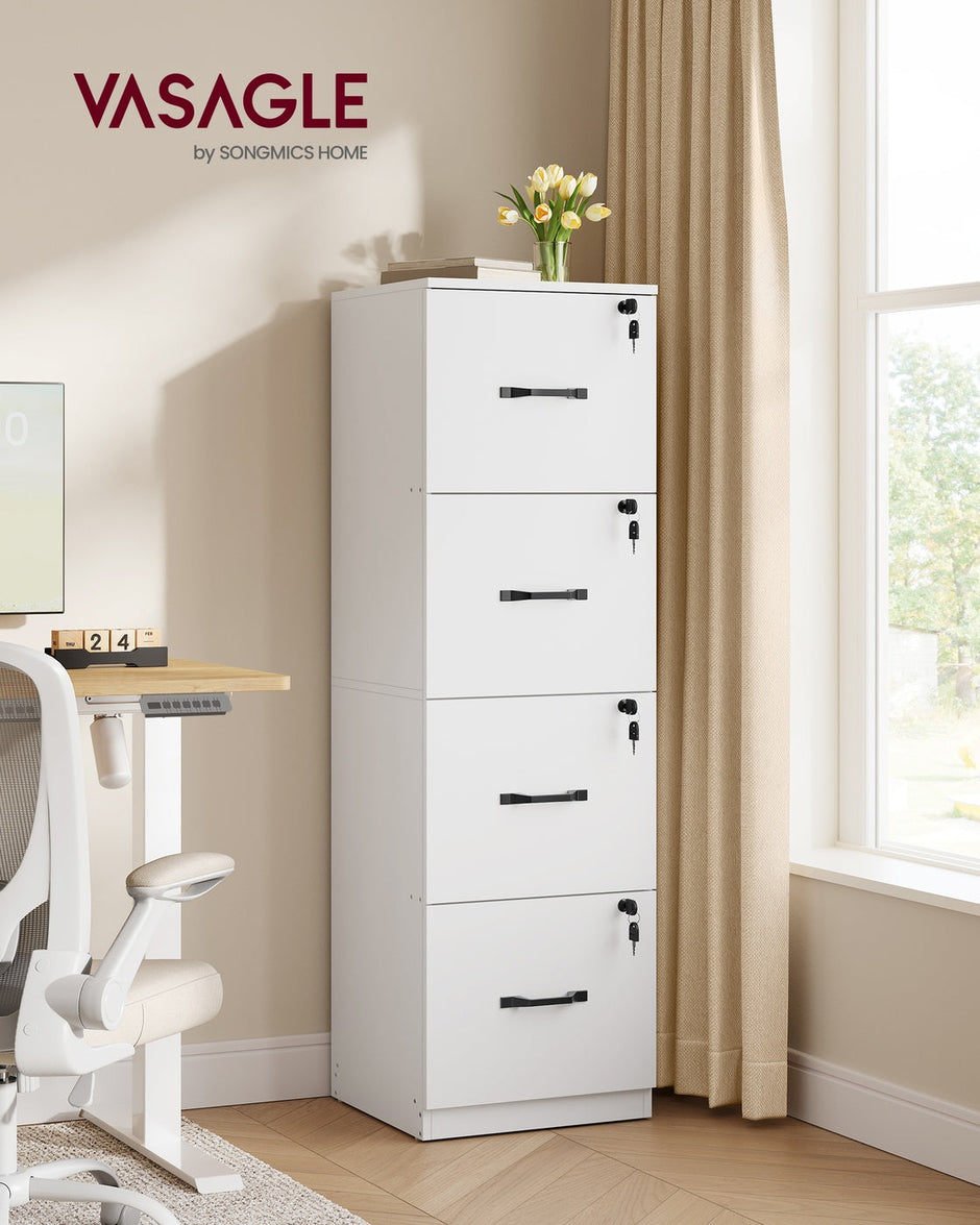 Filing Cabinet – Wood – Cloud White – Lockable with Adjustable Hanging Rail