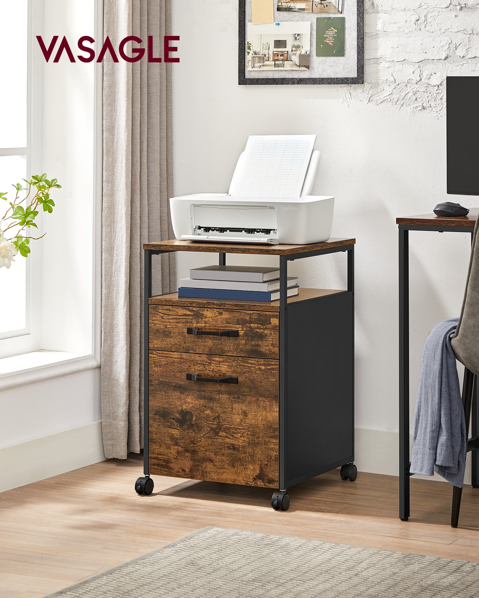 File Cabinet – Steel – Rustic Brown and Black – Rolling with Open Compartment and Stable Frame
