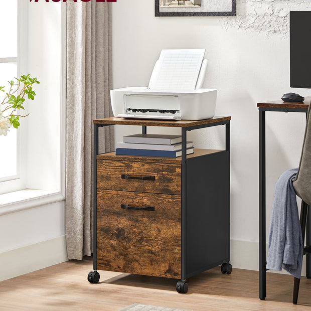 File Cabinet – Steel – Rustic Brown and Black – Rolling with Open Compartment and Stable Frame
