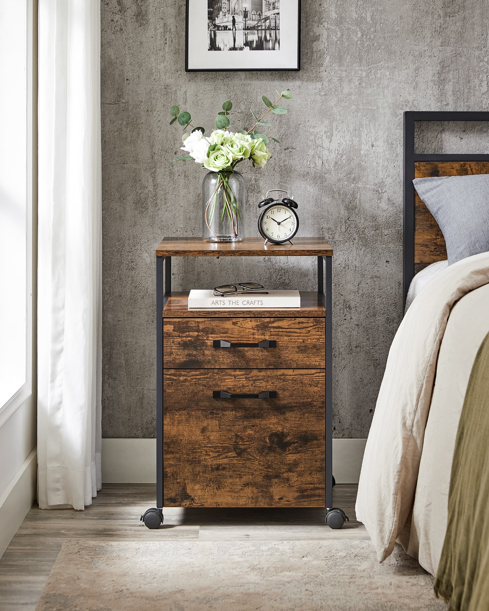 File Cabinet – Steel – Rustic Brown and Black – Rolling with Open Compartment and Stable Frame