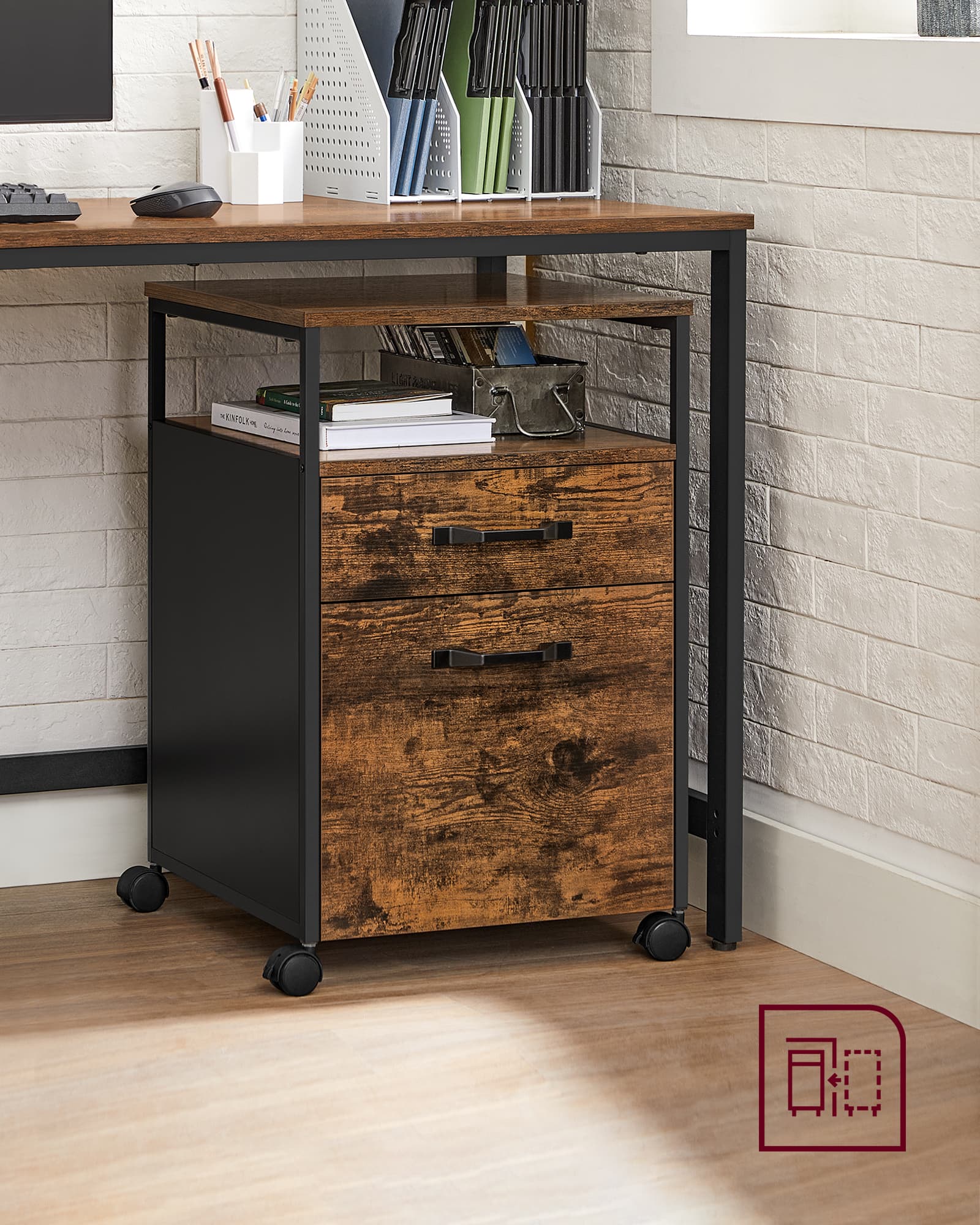 File Cabinet – Steel – Rustic Brown and Black – Rolling with Open Compartment and Stable Frame