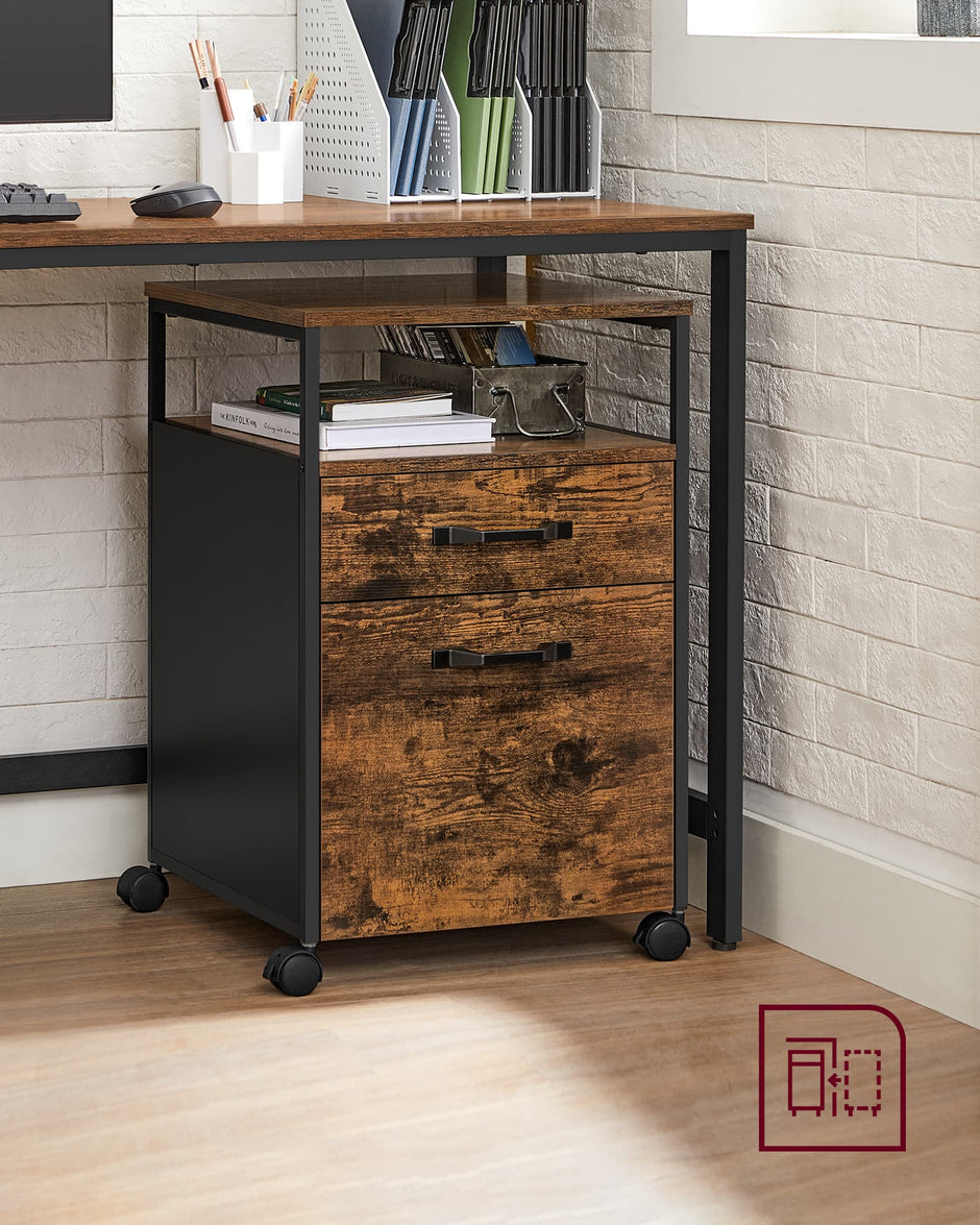 File Cabinet – Steel – Rustic Brown and Black – Rolling with Open Compartment and Stable Frame