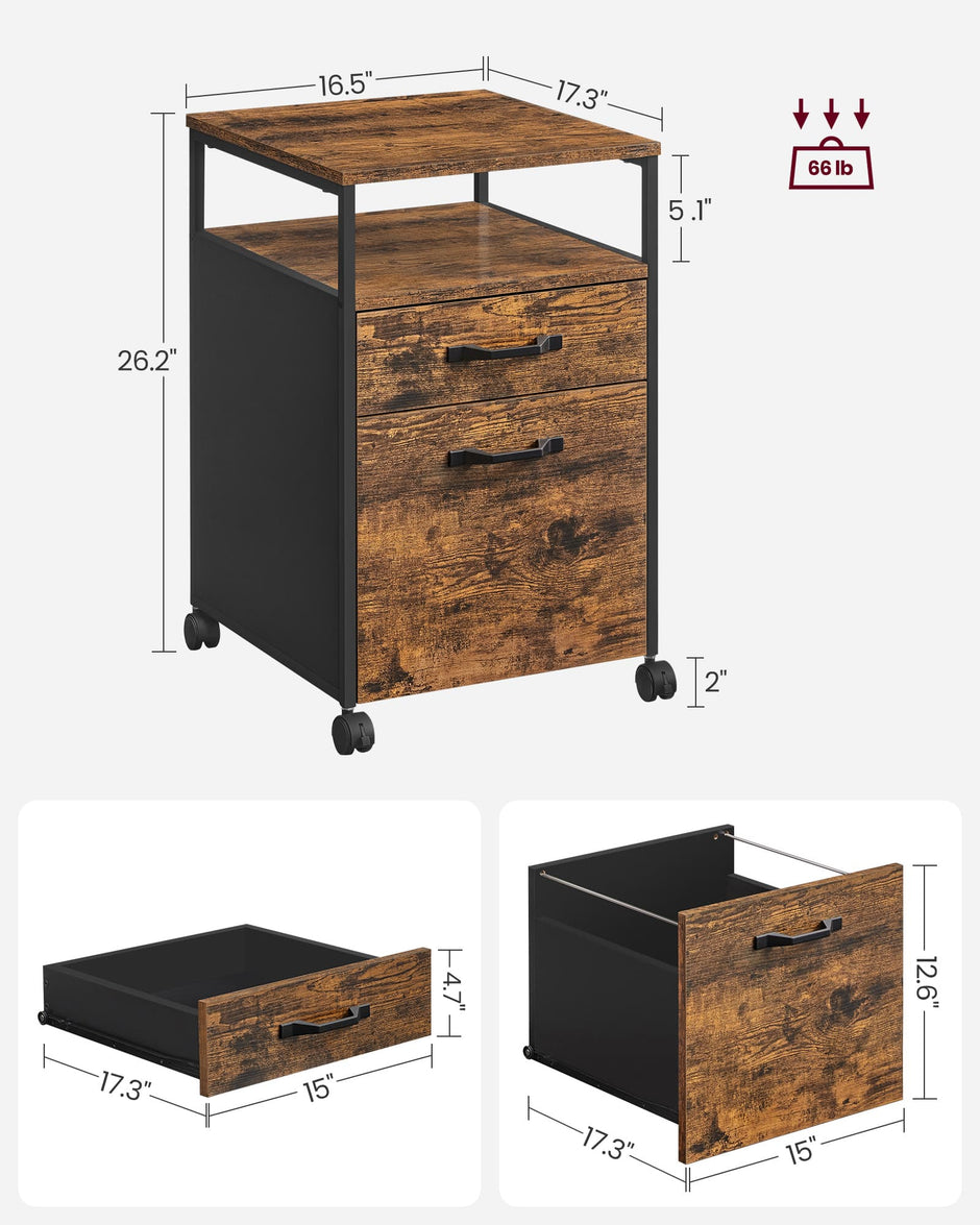 File Cabinet – Steel – Rustic Brown and Black – Rolling with Open Compartment and Stable Frame