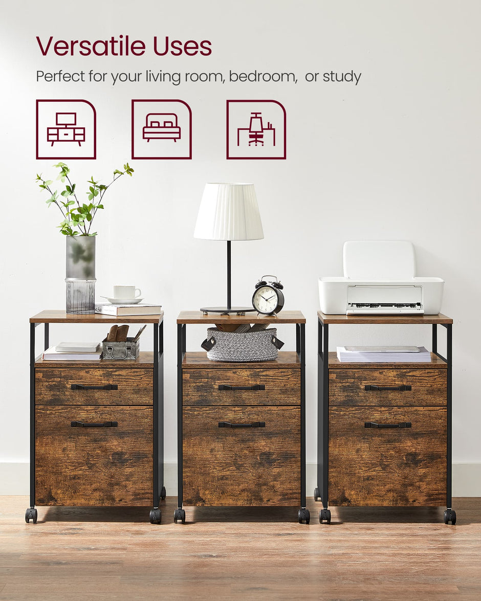 File Cabinet – Steel – Rustic Brown and Black – Rolling with Open Compartment and Stable Frame