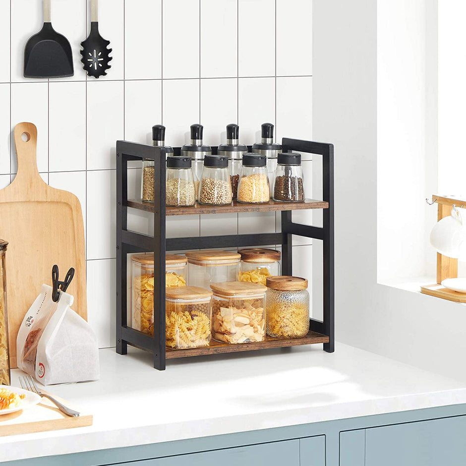2-Tier Countertop Spice Rack – Bamboo – Rustic Brown and Black – Desktop Organizer for Kitchen and Dining Room