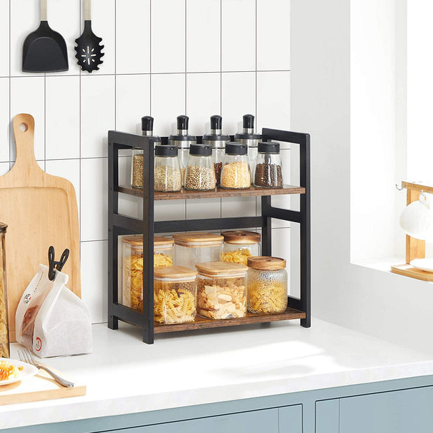 2-Tier Countertop Spice Rack – Bamboo – Rustic Brown and Black – Desktop Organizer for Kitchen and Dining Room
