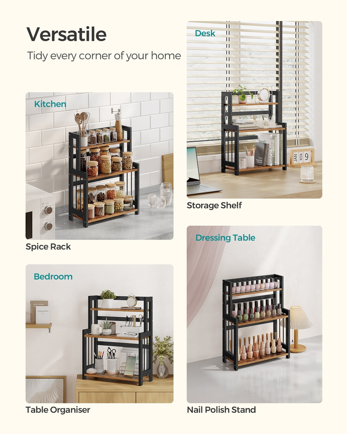 3 Tier Storage Rack – Bamboo – Natural – Multi-Purpose Countertop Organizer for Kitchen, Dining Room, or Office