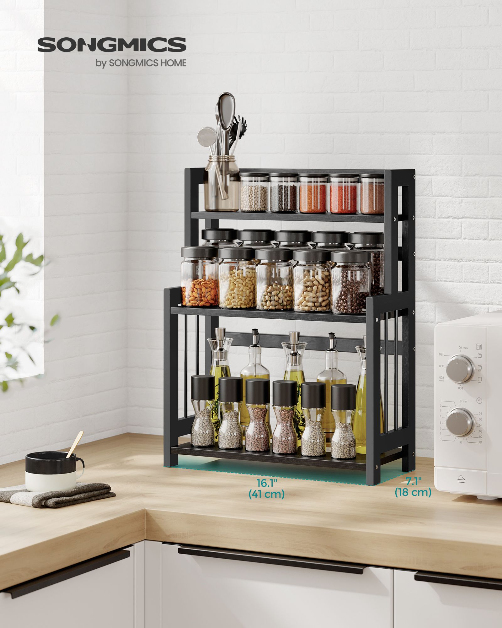3-Tier Countertop Spice Rack – Bamboo – Ebony Black – Desktop Organizer for Kitchen and Office