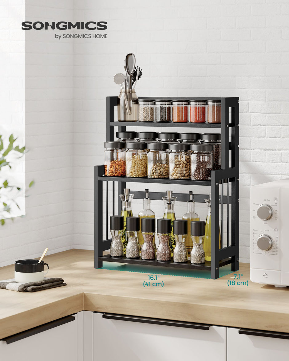 3-Tier Countertop Spice Rack – Bamboo – Ebony Black – Desktop Organizer for Kitchen and Office