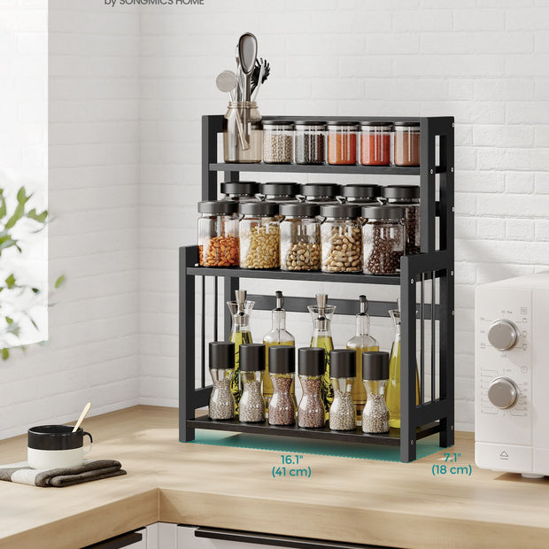 3-Tier Countertop Spice Rack – Bamboo – Ebony Black – Desktop Organizer for Kitchen and Office