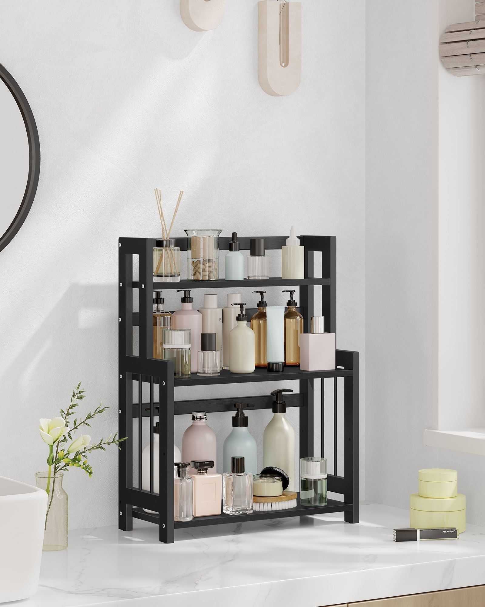 3-Tier Countertop Spice Rack – Bamboo – Ebony Black – Desktop Organizer for Kitchen and Office