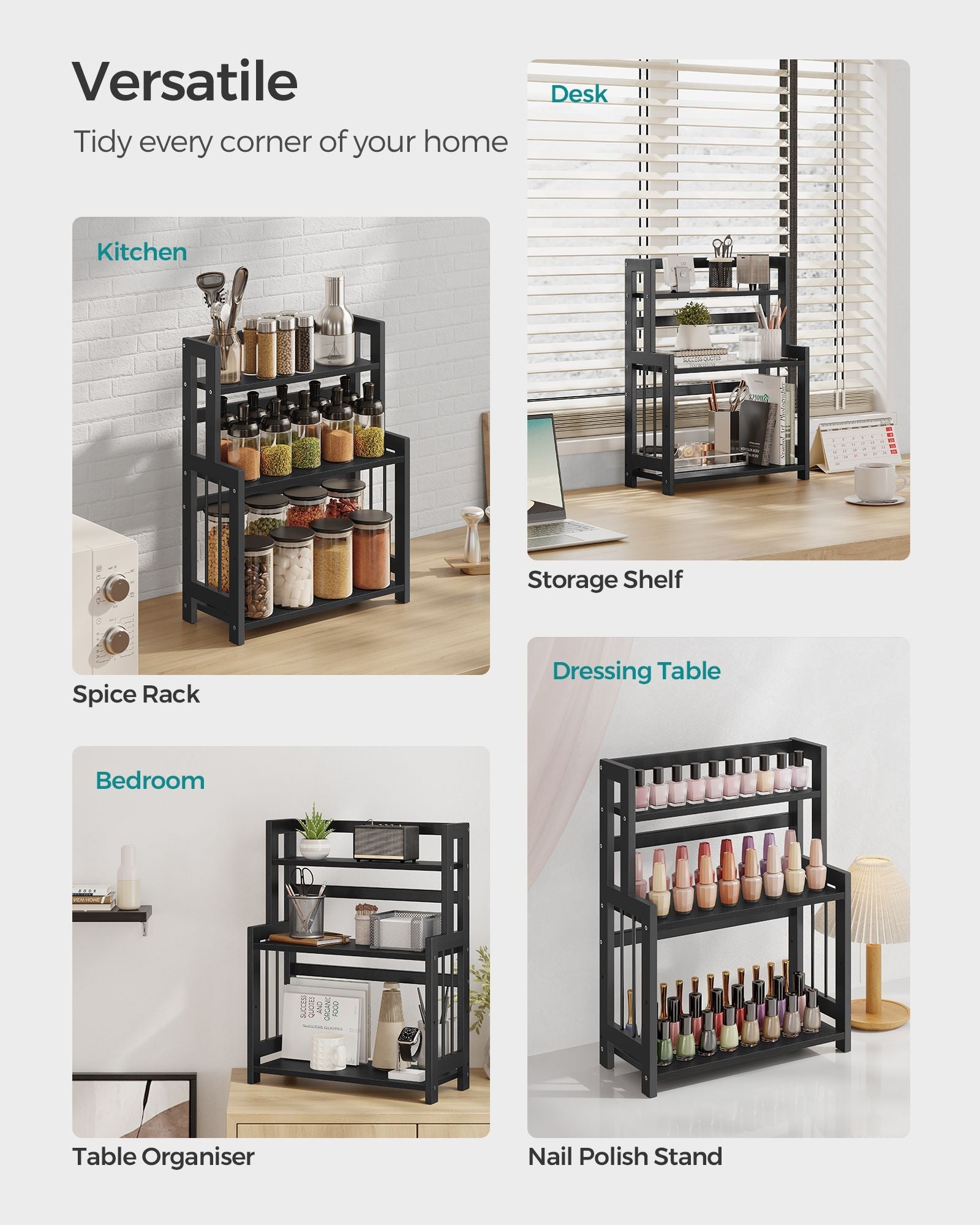 3-Tier Countertop Spice Rack – Bamboo – Ebony Black – Desktop Organizer for Kitchen and Office