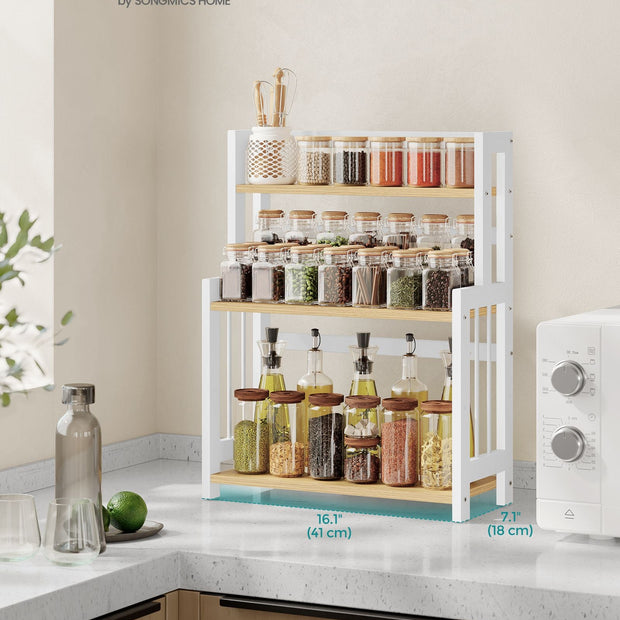 3-Tier Countertop Spice Rack – Bamboo – Natural Oak – Desktop Organiser for Kitchen and Office