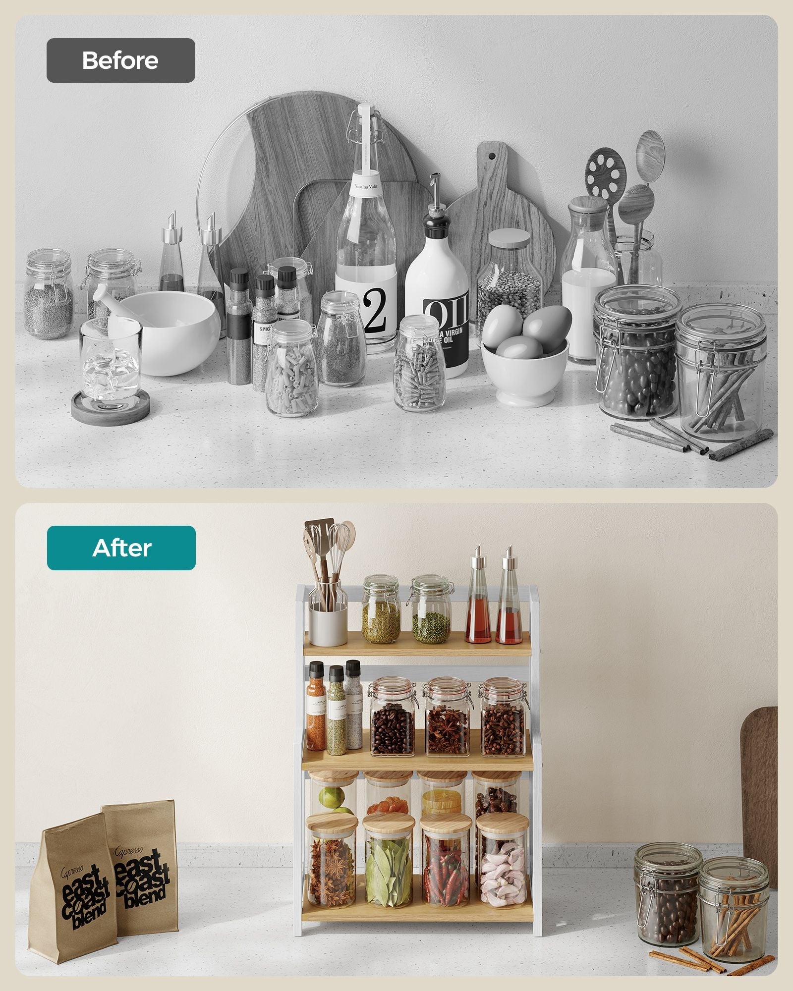 3-Tier Countertop Spice Rack – Bamboo – Natural Oak – Desktop Organiser for Kitchen and Office