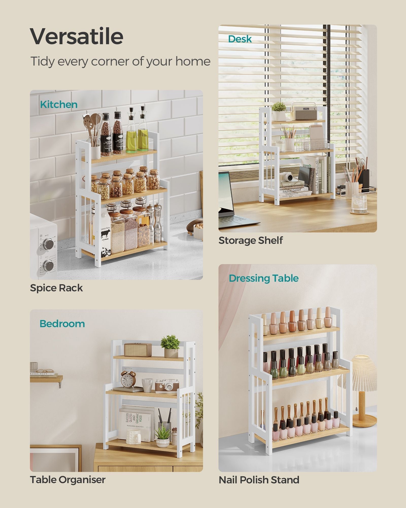 3-Tier Countertop Spice Rack – Bamboo – Natural Oak – Desktop Organiser for Kitchen and Office