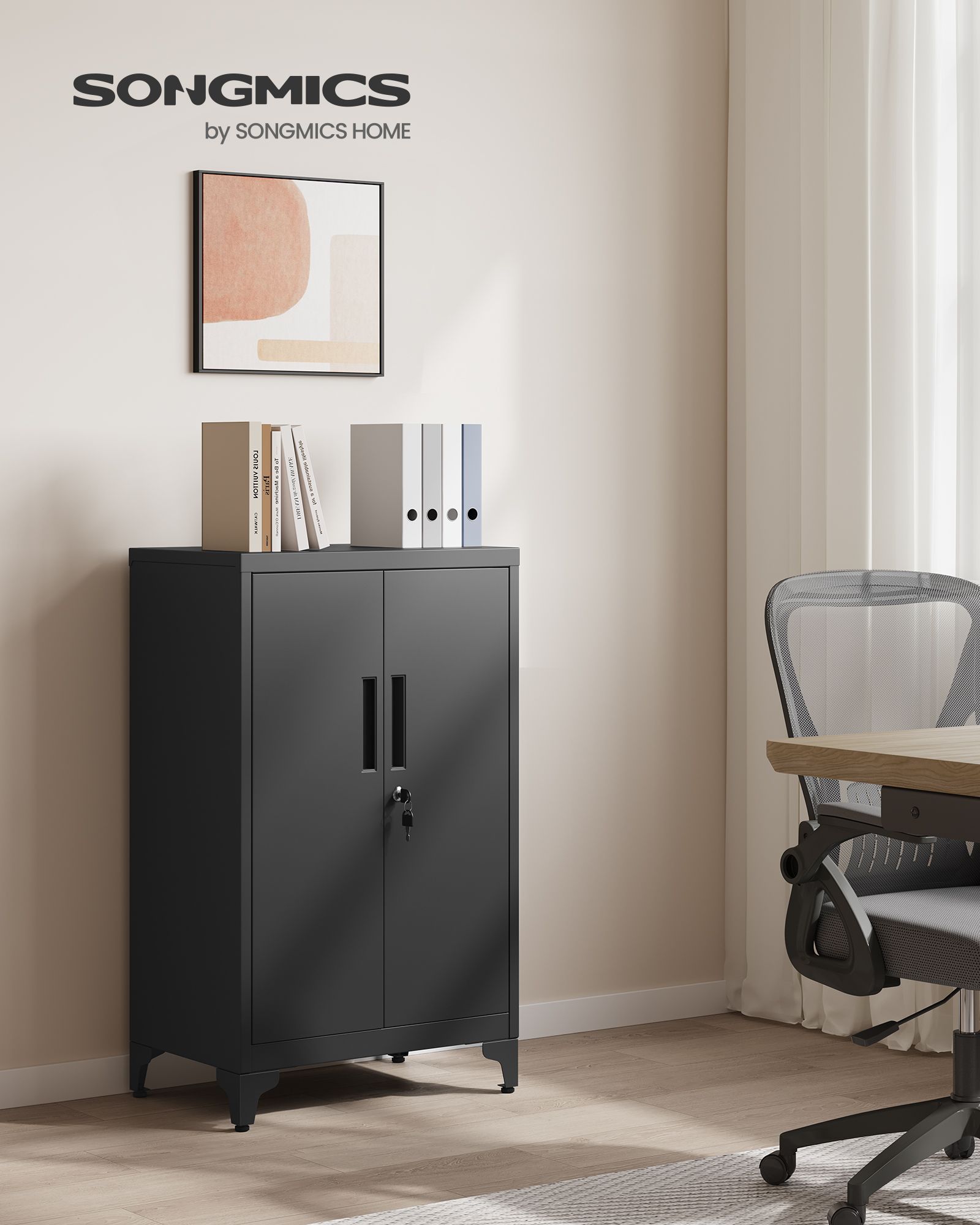 Multipurpose Steel File Cabinet – Steel – Ink Black – Lockable with Shelves