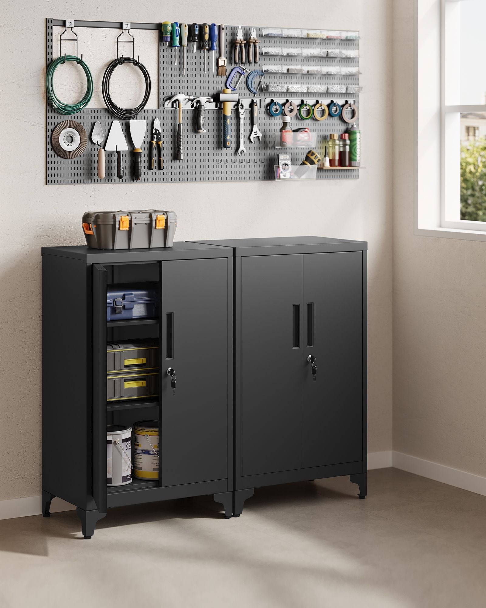 Multipurpose Steel File Cabinet – Steel – Ink Black – Lockable with Shelves