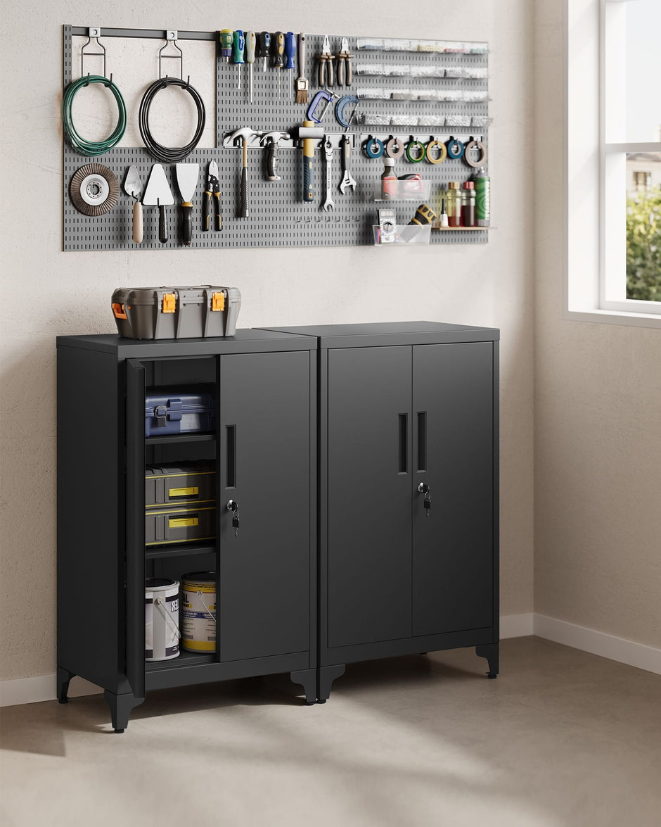 Multipurpose Steel File Cabinet – Steel – Ink Black – Lockable with Shelves
