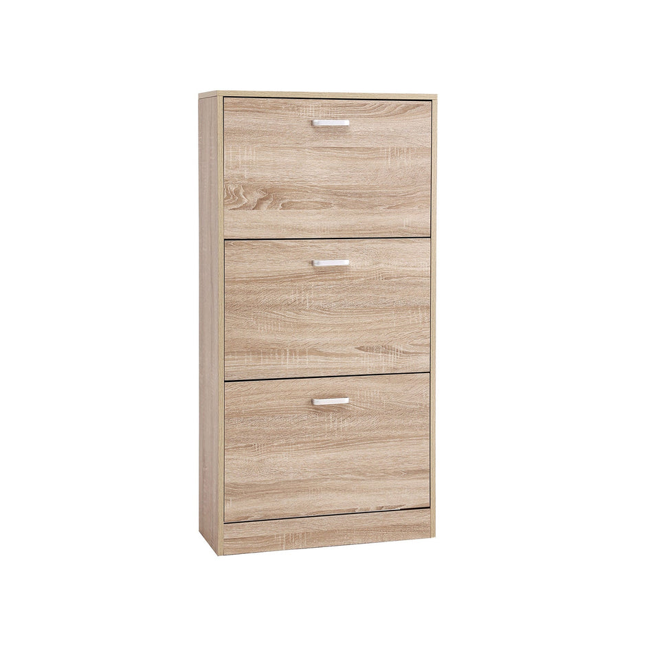 Shoe Cabinet – Wood – Oak – 3-Tier Design with Flip Doors