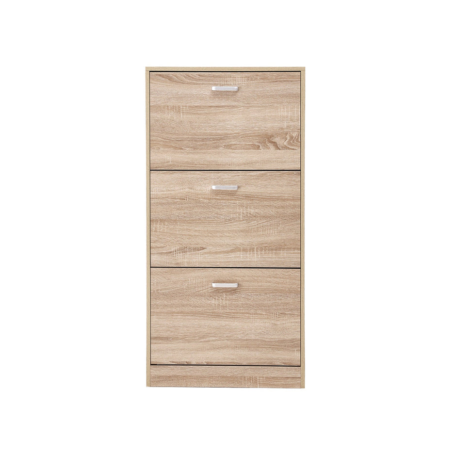 Shoe Cabinet – Wood – Oak – 3-Tier Design with Flip Doors