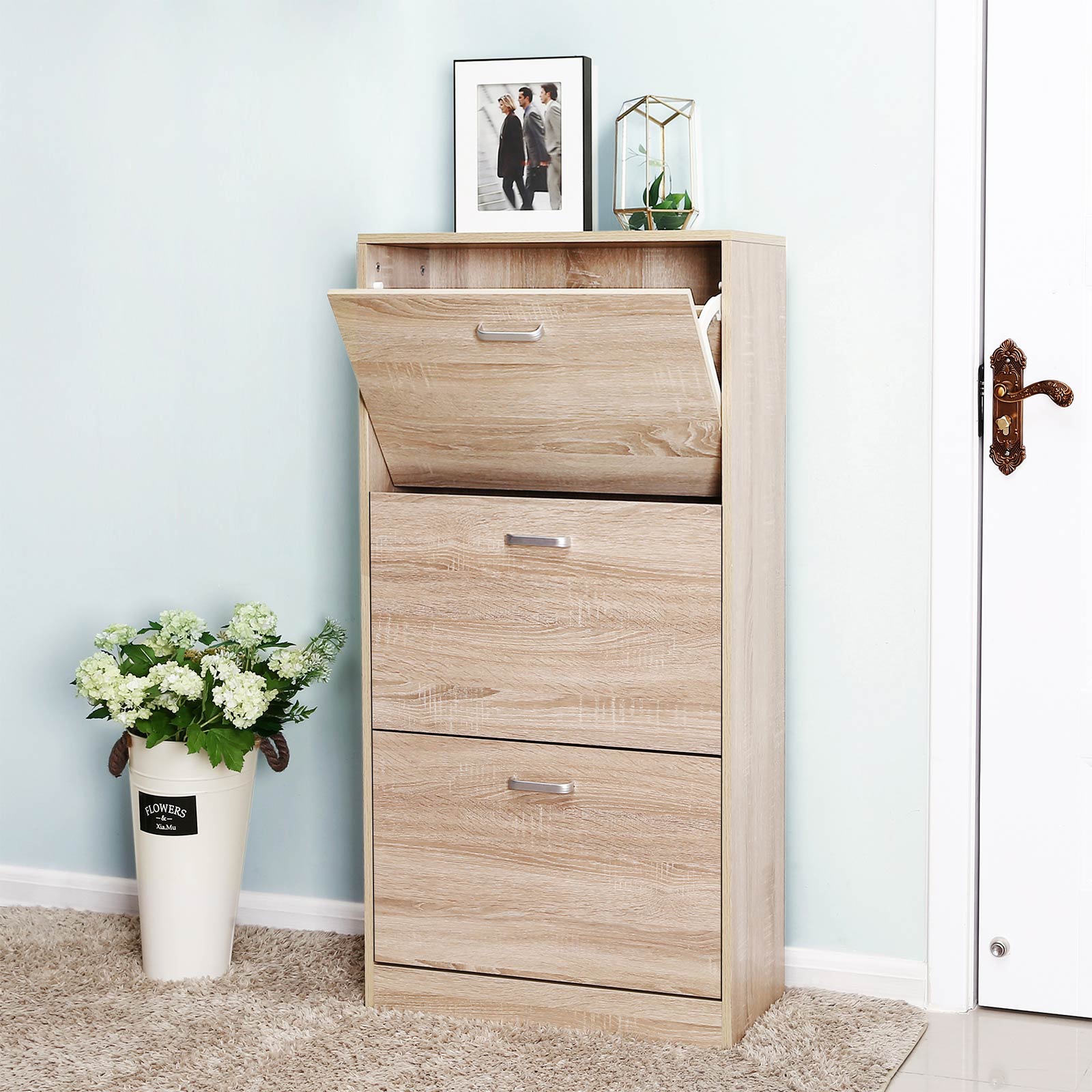 Shoe Cabinet – Wood – Oak – 3-Tier Design with Flip Doors