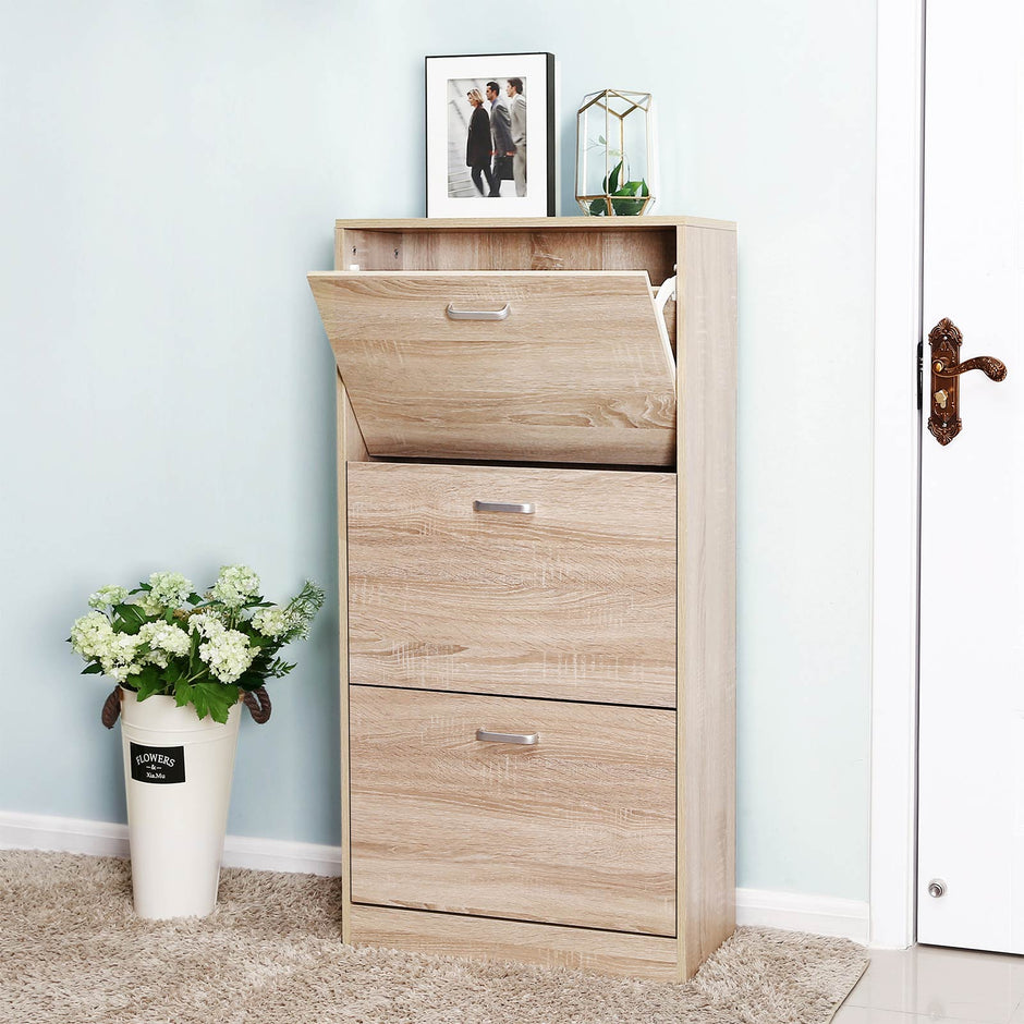 Shoe Cabinet – Wood – Oak – 3-Tier Design with Flip Doors