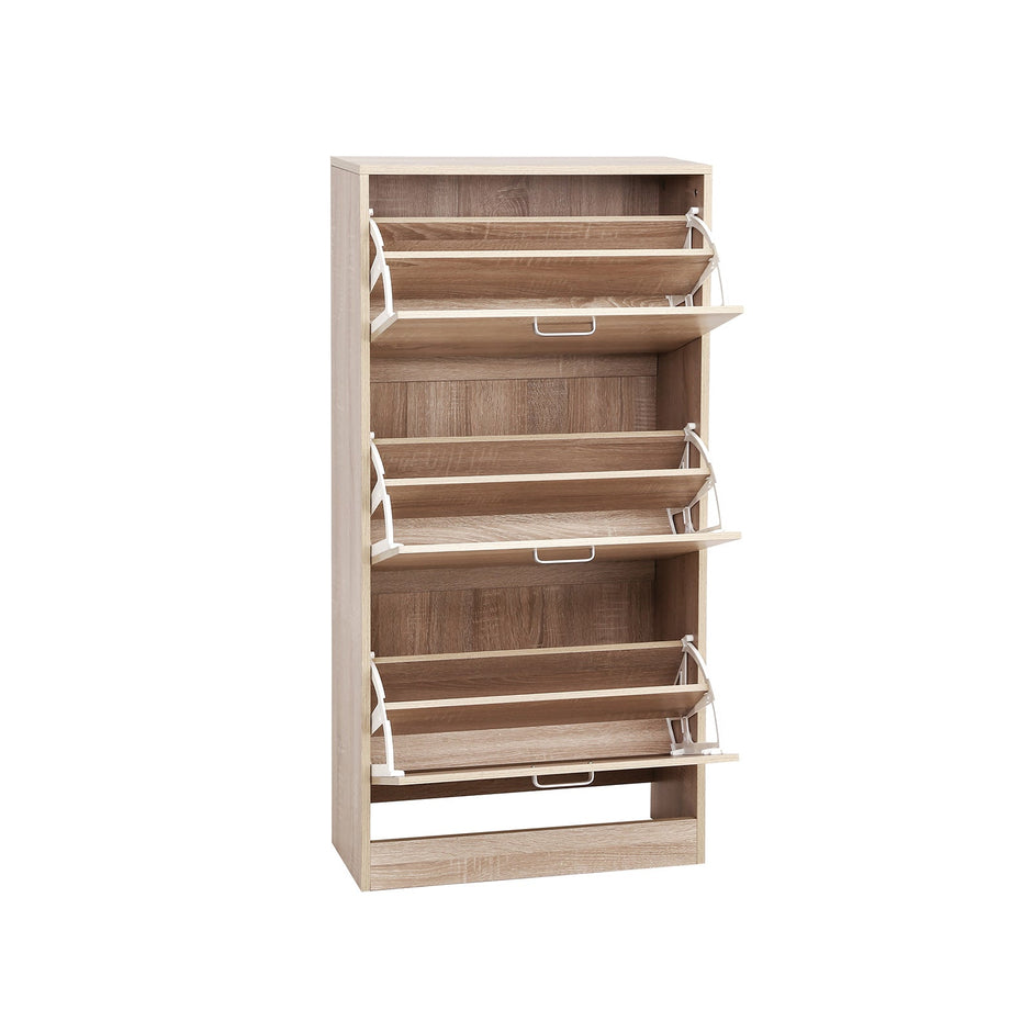 Shoe Cabinet – Wood – Oak – 3-Tier Design with Flip Doors