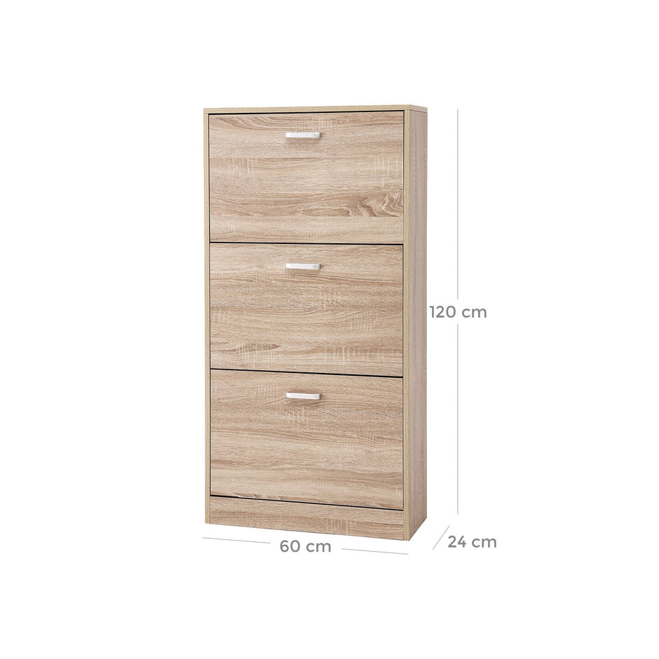 Shoe Cabinet – Wood – Oak – 3-Tier Design with Flip Doors