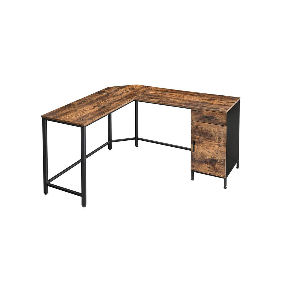L-Shaped Office Desk – Steel – Rustic Brown and Black – Space-Saving with Cupboard and Drawer