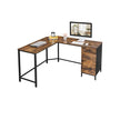 L-Shaped Office Desk – Steel – Rustic Brown and Black – Space-Saving with Cupboard and Drawer