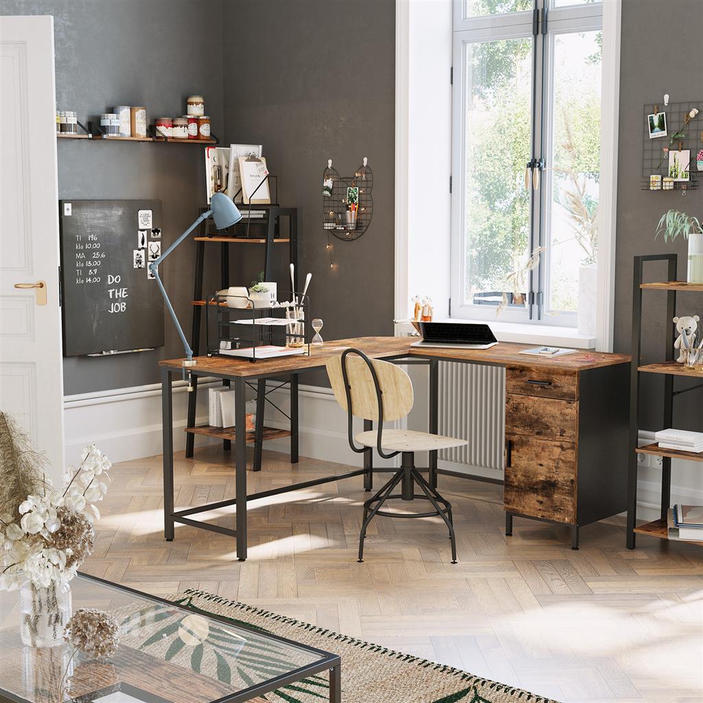 L-Shaped Office Desk – Steel – Rustic Brown and Black – Space-Saving with Cupboard and Drawer