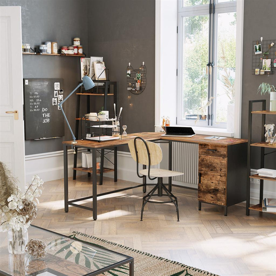 L-Shaped Office Desk – Steel – Rustic Brown and Black – Space-Saving with Cupboard and Drawer