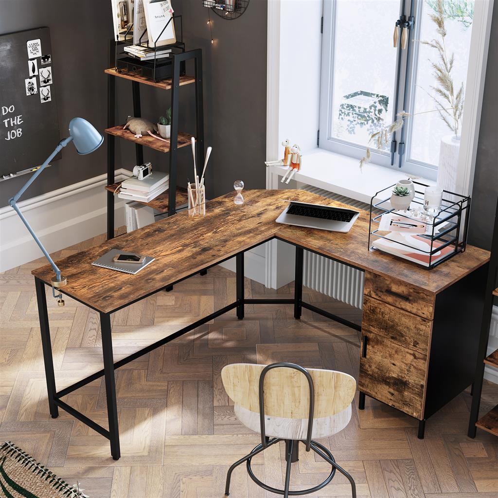 L-Shaped Office Desk – Steel – Rustic Brown and Black – Space-Saving with Cupboard and Drawer