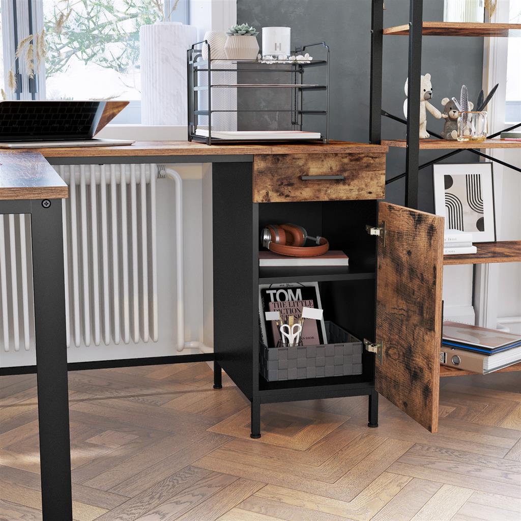 L-Shaped Office Desk – Steel – Rustic Brown and Black – Space-Saving with Cupboard and Drawer
